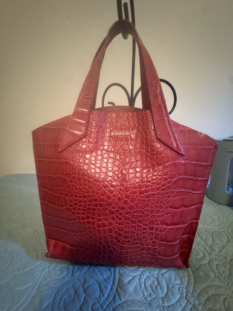 Furla Croc-Embossed Red Leather Tote Bag.